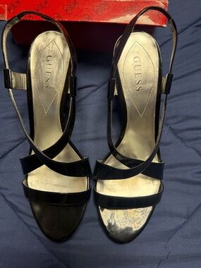 GUESS Black Patent Crisscross Slingback Heels